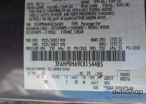 2012 Ford Fusion Se z USA, uszkodzony, nr VIN 3FAHP0HA9CR154485